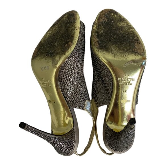Valentino Gold Sequin Slingback Heels Size 36 or 6 Italy Peep Toe Elastic Band - Picture 6 of 12